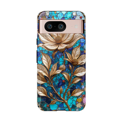 Golden Blossoms on Mosaic Blue Elegance