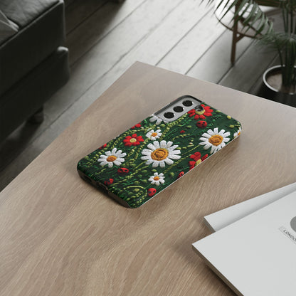 Intricate Embroidered Fabric Featuring Daisies And Ladybugs phone case design