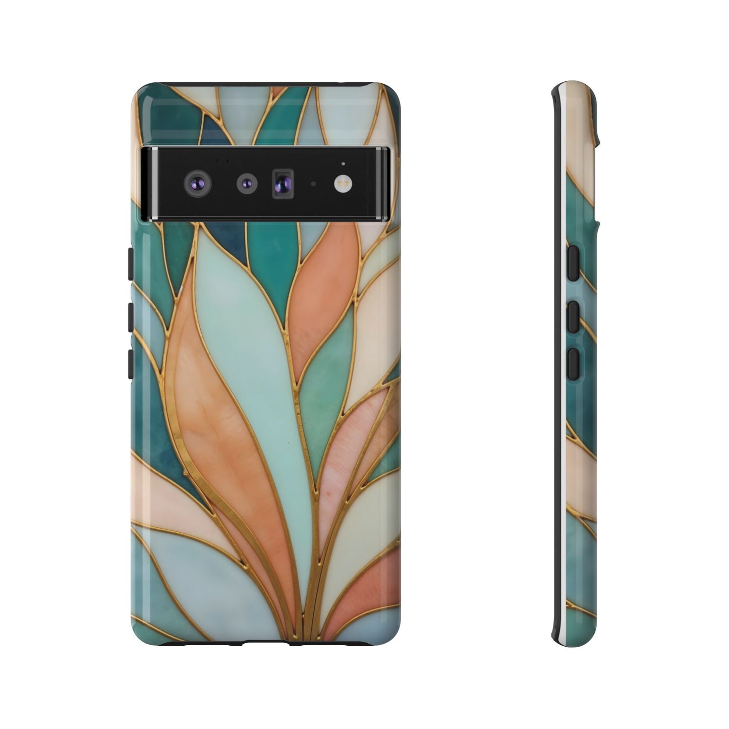 Geometric Leaves: Teal, Peach, and Gold Harmony