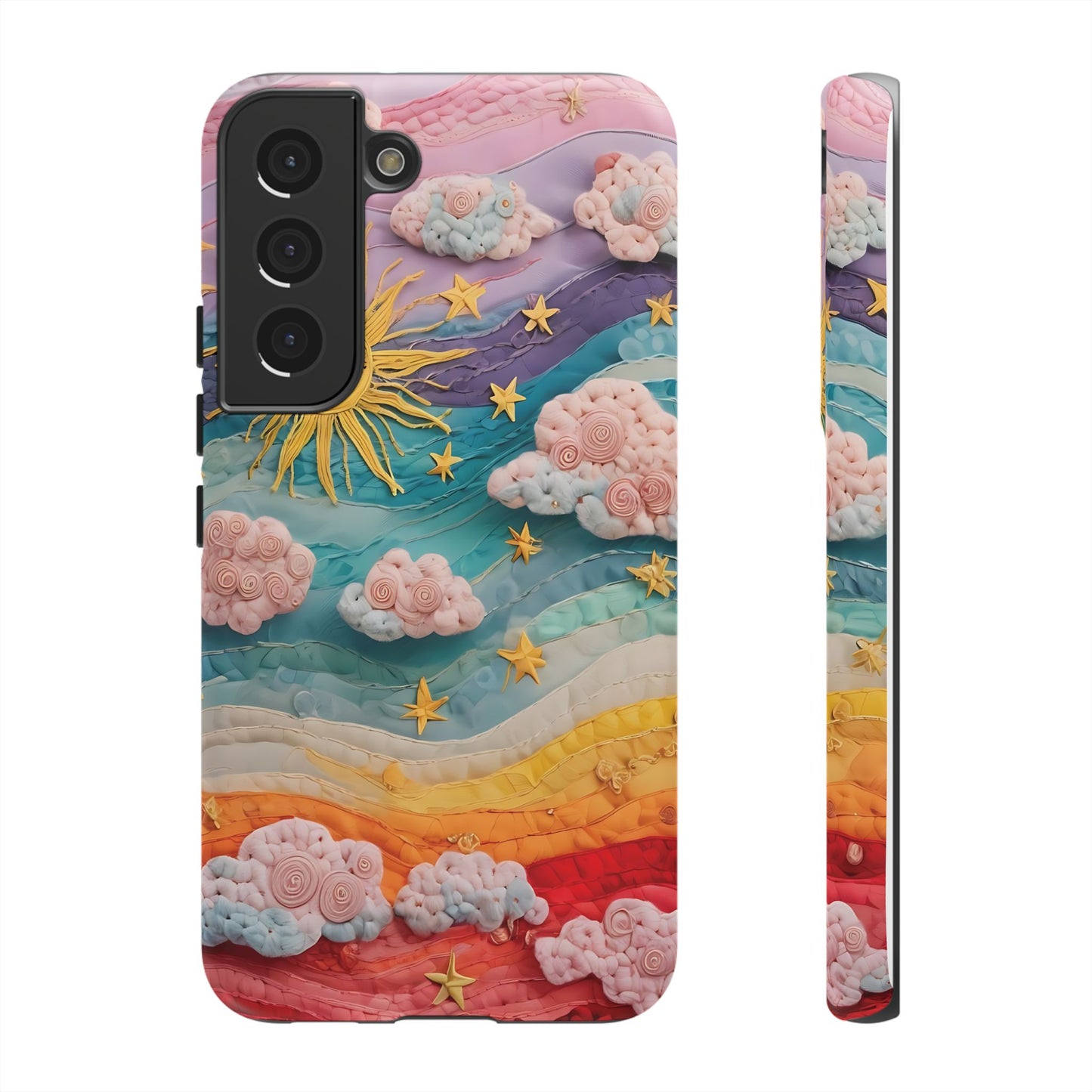 Whimsical Fiber Art Sky Scene With Dynamic Stripes And Clouds phone case design.