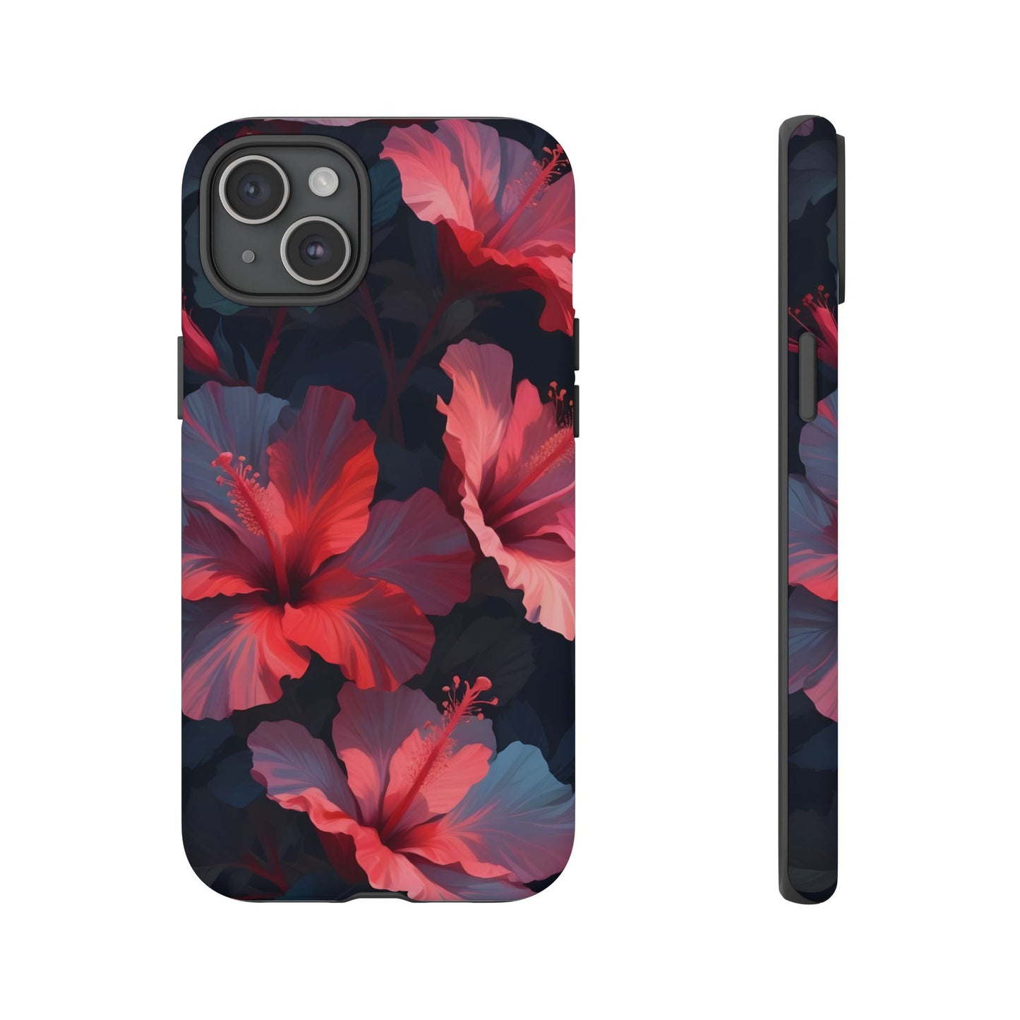 Vibrant red and pink hibiscus flowers blooming against a dark background| Floral phone case design