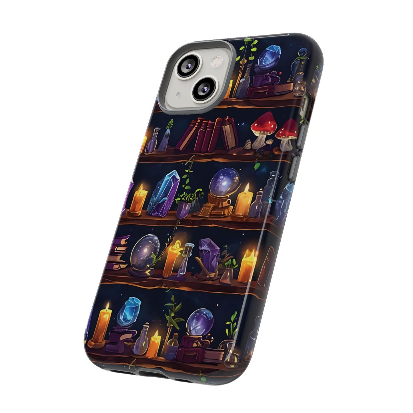Fantasy Seamless Pattern Of Wooden Shelves Filled With Mystical Items phone case design.