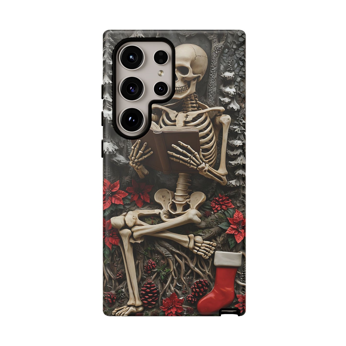Surreal Relief Sculpture of Skeleton Reading Amidst Festive Decor phone case design
