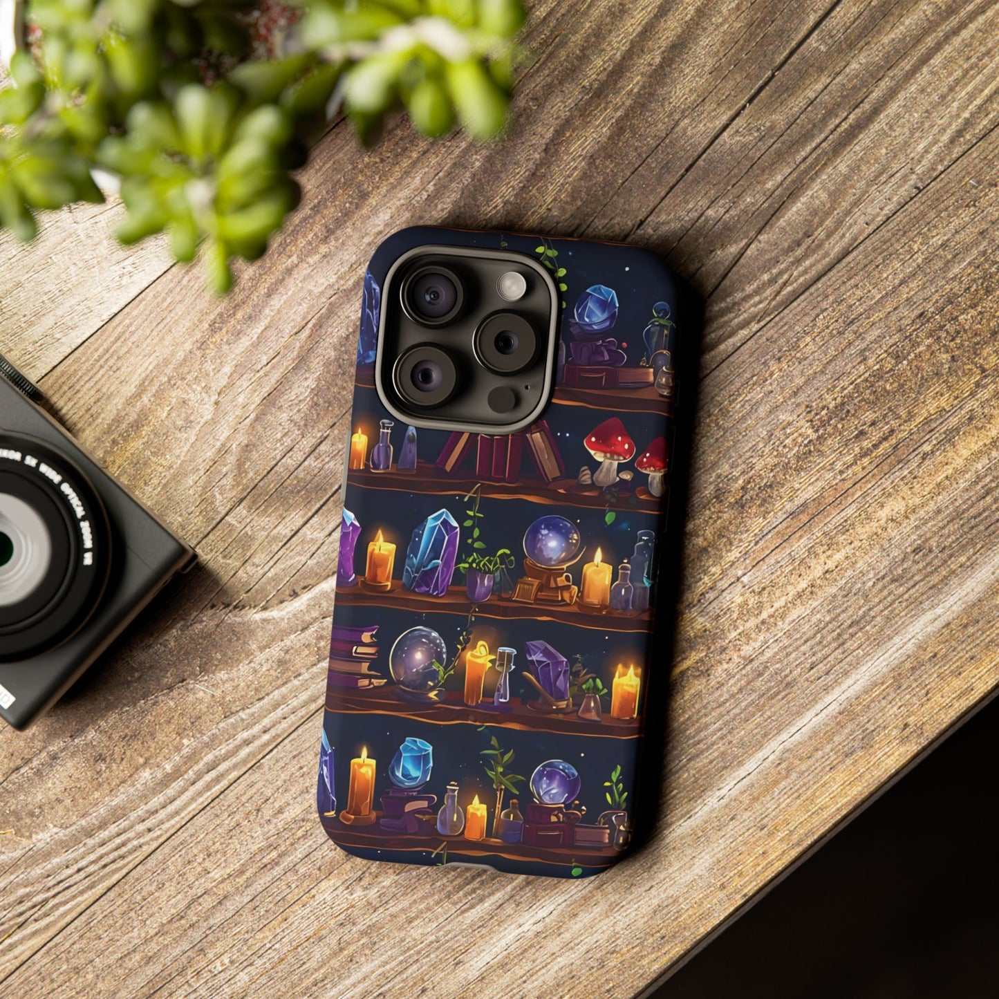 Fantasy Seamless Pattern Of Wooden Shelves Filled With Mystical Items phone case design.
