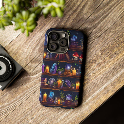 Fantasy Seamless Pattern Of Wooden Shelves Filled With Mystical Items phone case design.