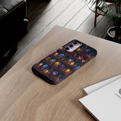 Fantasy Seamless Pattern Of Wooden Shelves Filled With Mystical Items phone case design.
