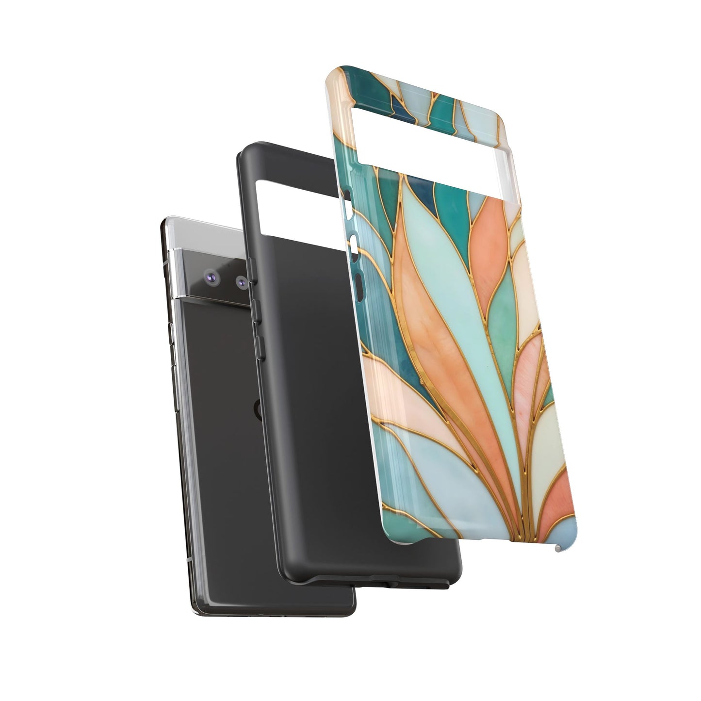 Geometric Leaves: Teal, Peach, and Gold Harmony