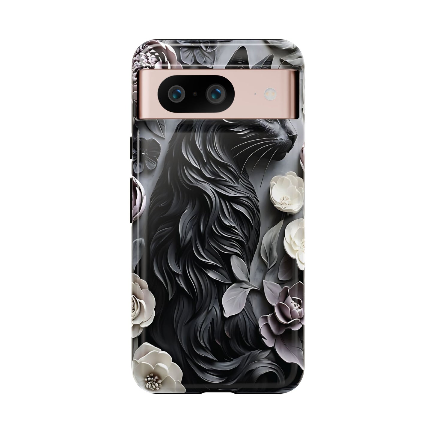 Intricate Bas-Relief Sculpture Of Black Cat Among Flowers phone case design