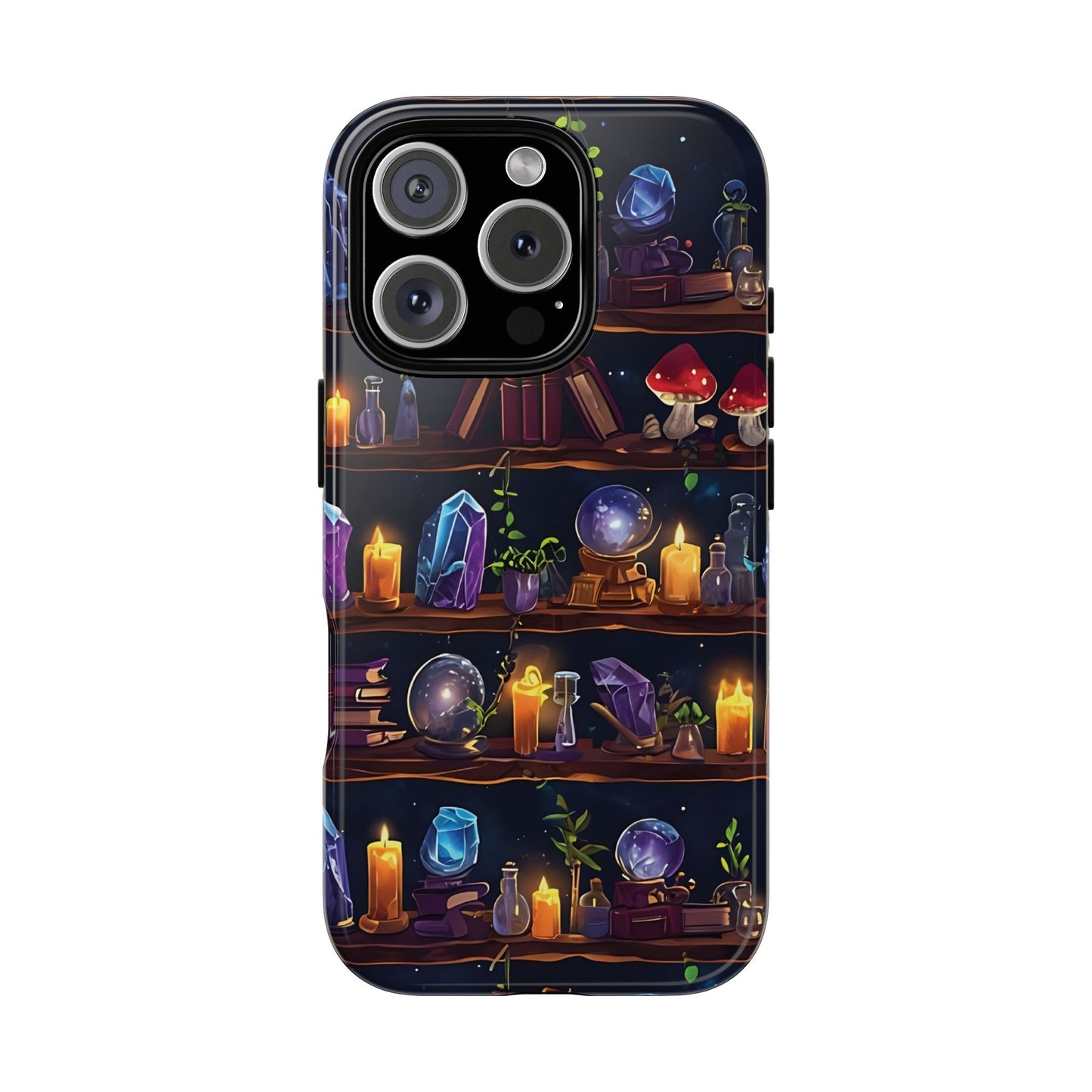 Fantasy Seamless Pattern Of Wooden Shelves Filled With Mystical Items phone case design.