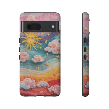 Whimsical Fiber Art Sky Scene With Dynamic Stripes And Clouds phone case design.