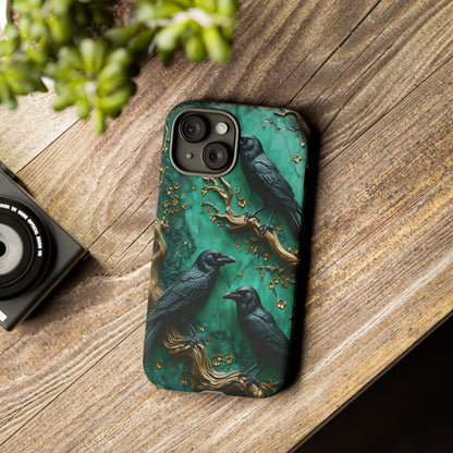 Three Black Ravens Perched On Gold-Accent Branches phone case design