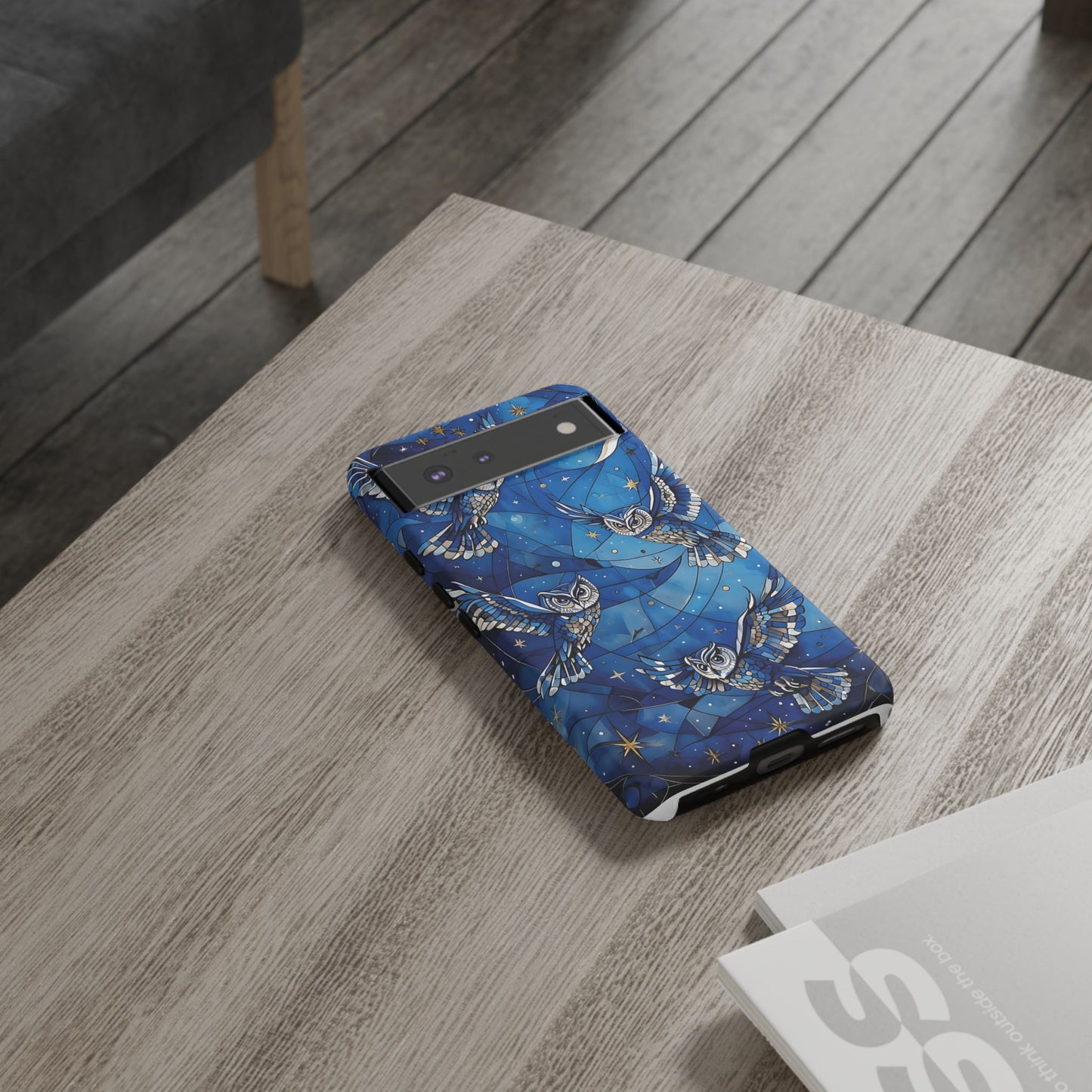 Surrealistic Owls Soaring Through A Celestial Night Sky phone case design.