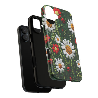 Intricate Embroidered Fabric Featuring Daisies And Ladybugs phone case design