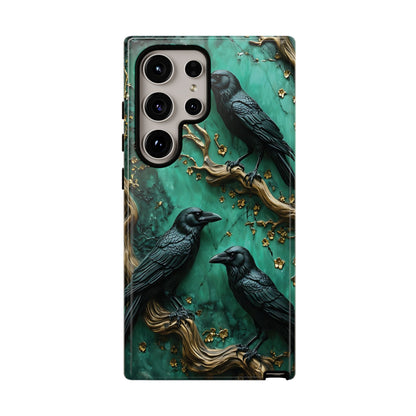 Three Black Ravens Perched On Gold-Accent Branches phone case design