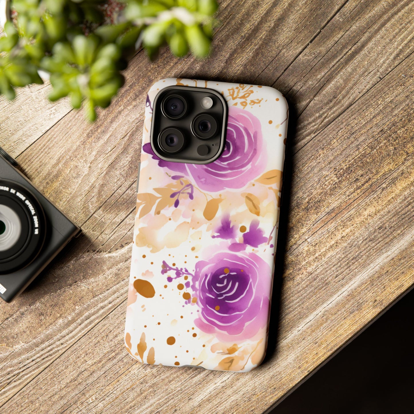 Purple Bloom Watercolor Mobile Case – Artistic Elegance in Gold & Lilac