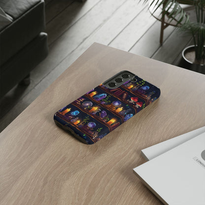 Fantasy Seamless Pattern Of Wooden Shelves Filled With Mystical Items phone case design.