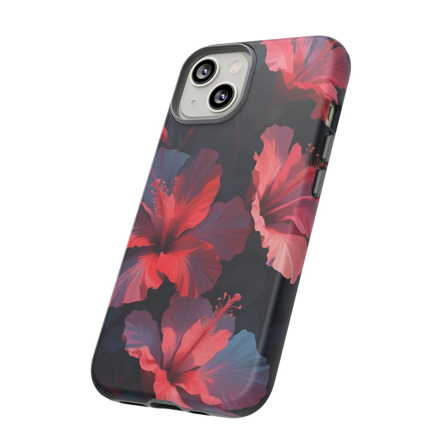 Vibrant red and pink hibiscus flowers blooming against a dark background| Floral phone case design