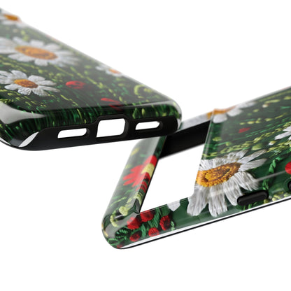 Intricate Embroidered Fabric Featuring Daisies And Ladybugs phone case design