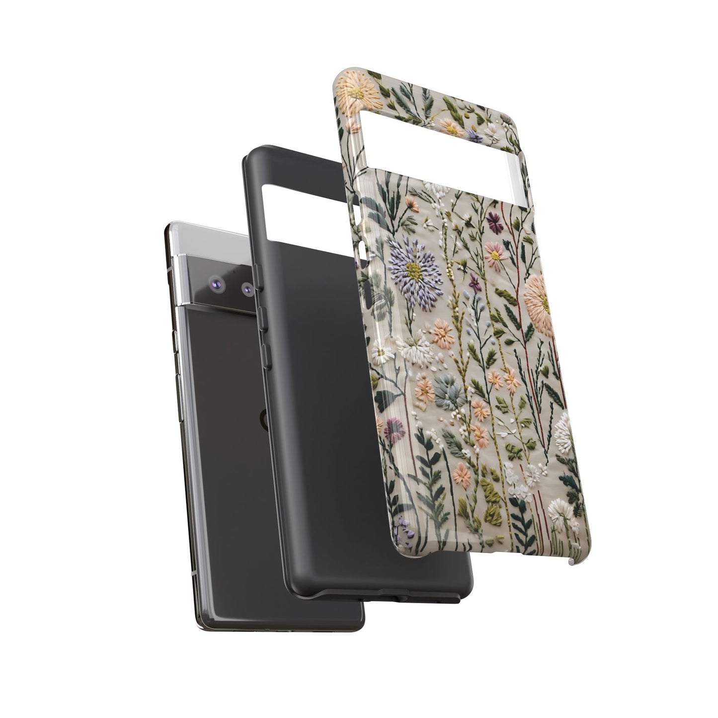 Intricate Embroidery Artwork Featuring Botanical Elements On Beige phone case design.