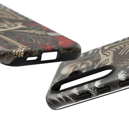 Surreal Relief Sculpture of Skeleton Reading Amidst Festive Decor phone case design