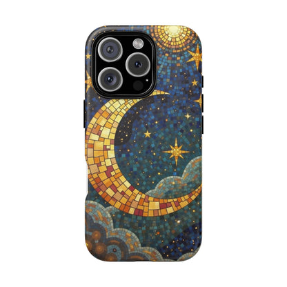 Golden Crescent: Mosaic Moon and Starry Night