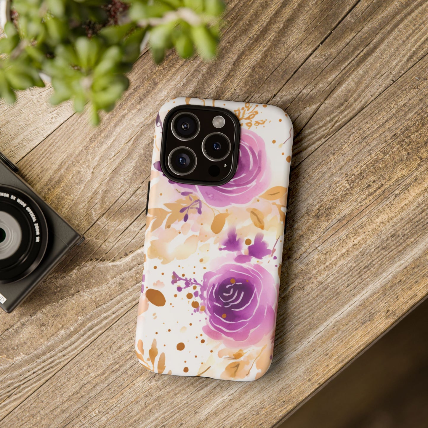 Purple Bloom Watercolor Mobile Case – Artistic Elegance in Gold & Lilac