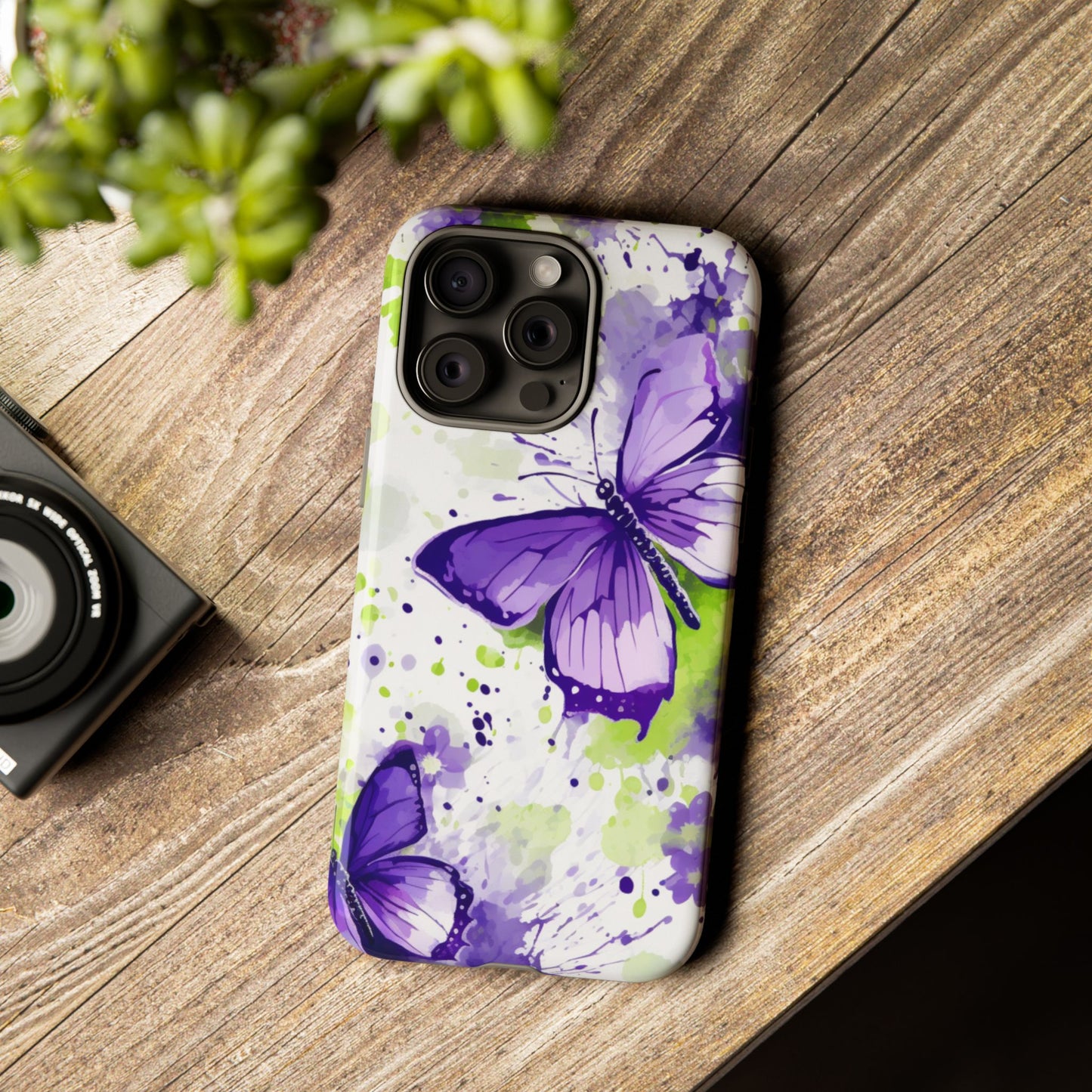 Vibrant Purple Butterfly Splash Mobile Cover – Artistic Green & Violet Aesthetic