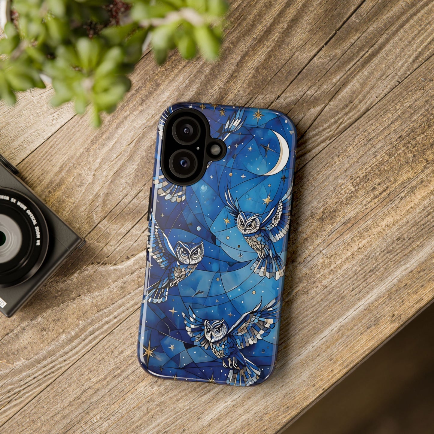 Surrealistic Owls Soaring Through A Celestial Night Sky phone case design.