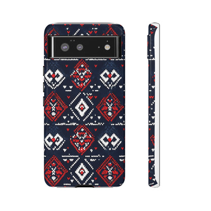 Knitted Pattern With Diamonds And Festive Motifs On Navy phone case design.