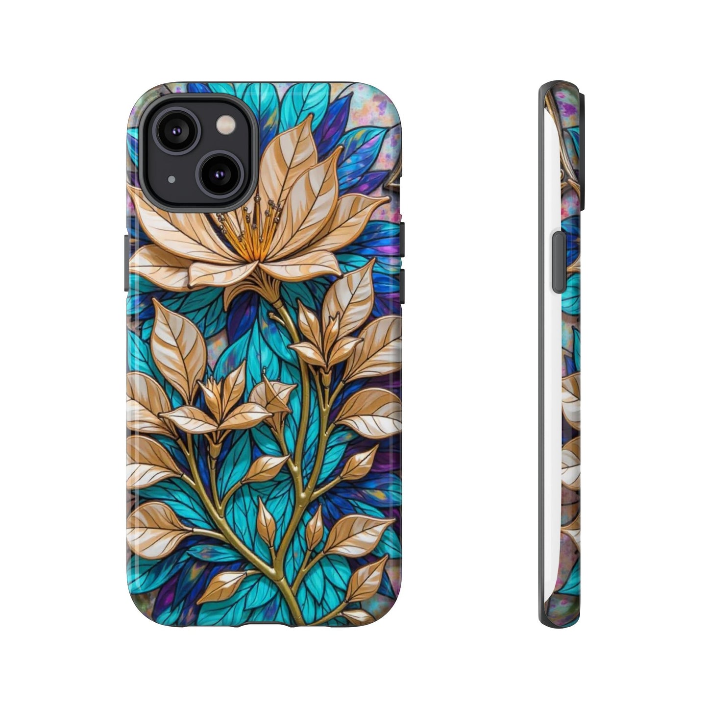Majestic Golden Blossoms on Mosaic Blue Splendor