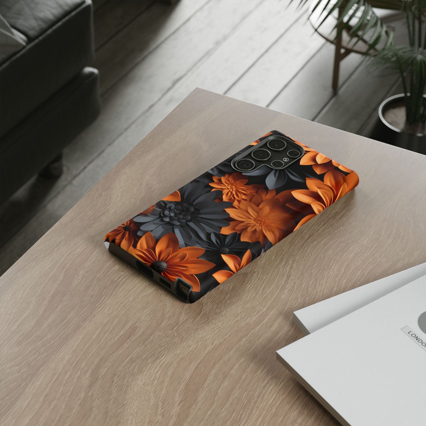Orange & Black 3D Floral Mobile Case