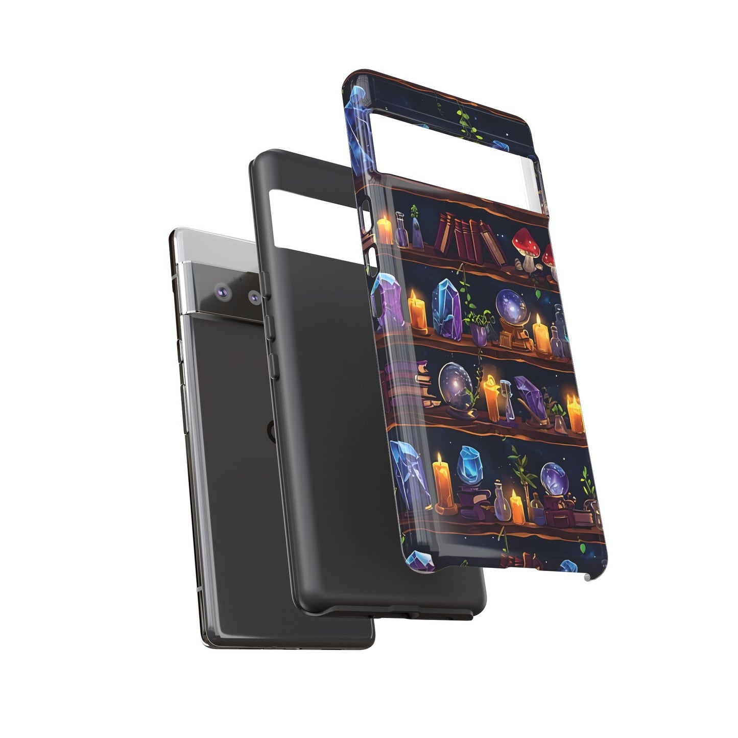 Fantasy Seamless Pattern Of Wooden Shelves Filled With Mystical Items phone case design.