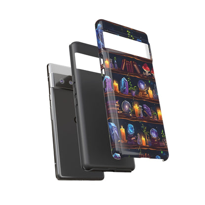 Fantasy Seamless Pattern Of Wooden Shelves Filled With Mystical Items phone case design.