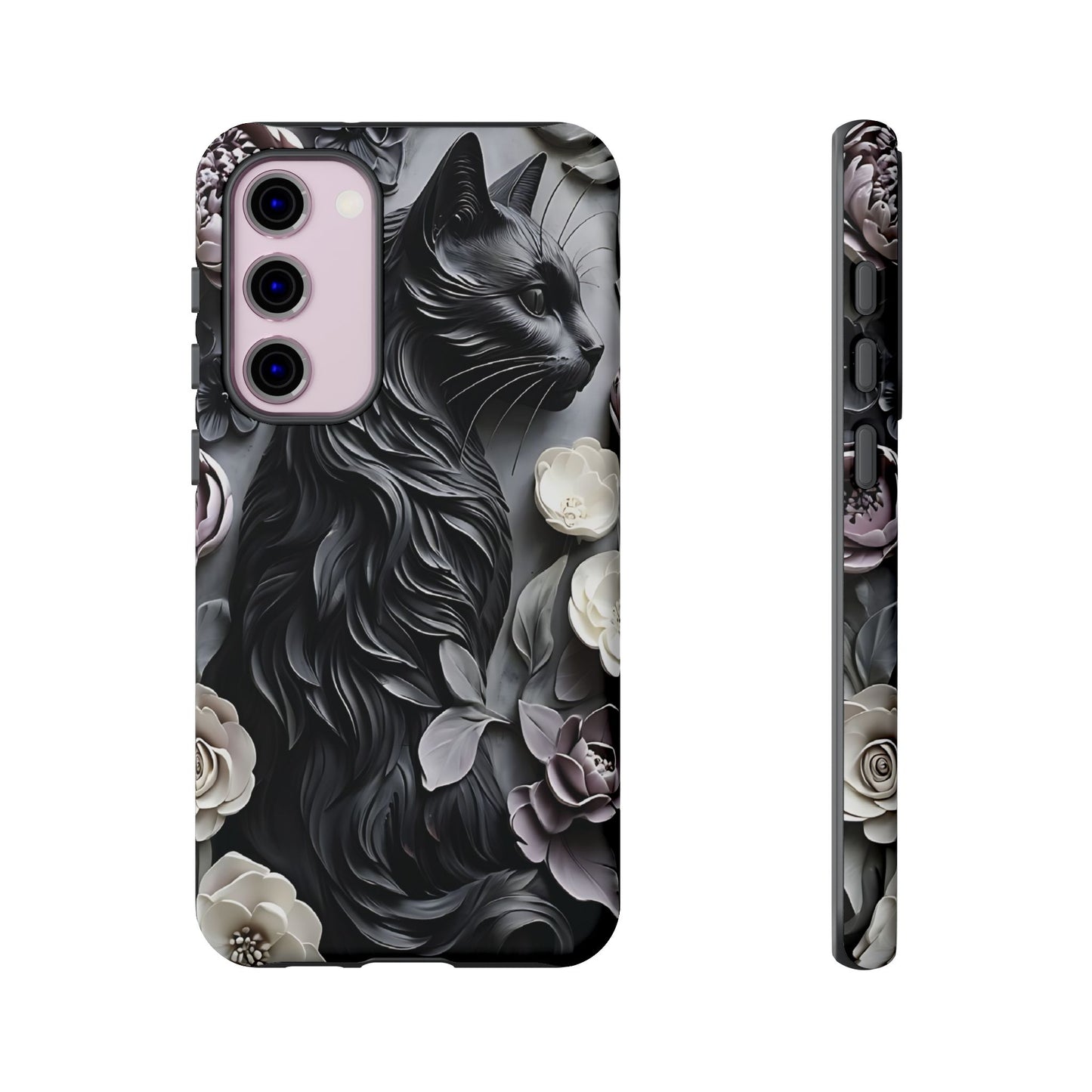 Intricate Bas-Relief Sculpture Of Black Cat Among Flowers phone case design