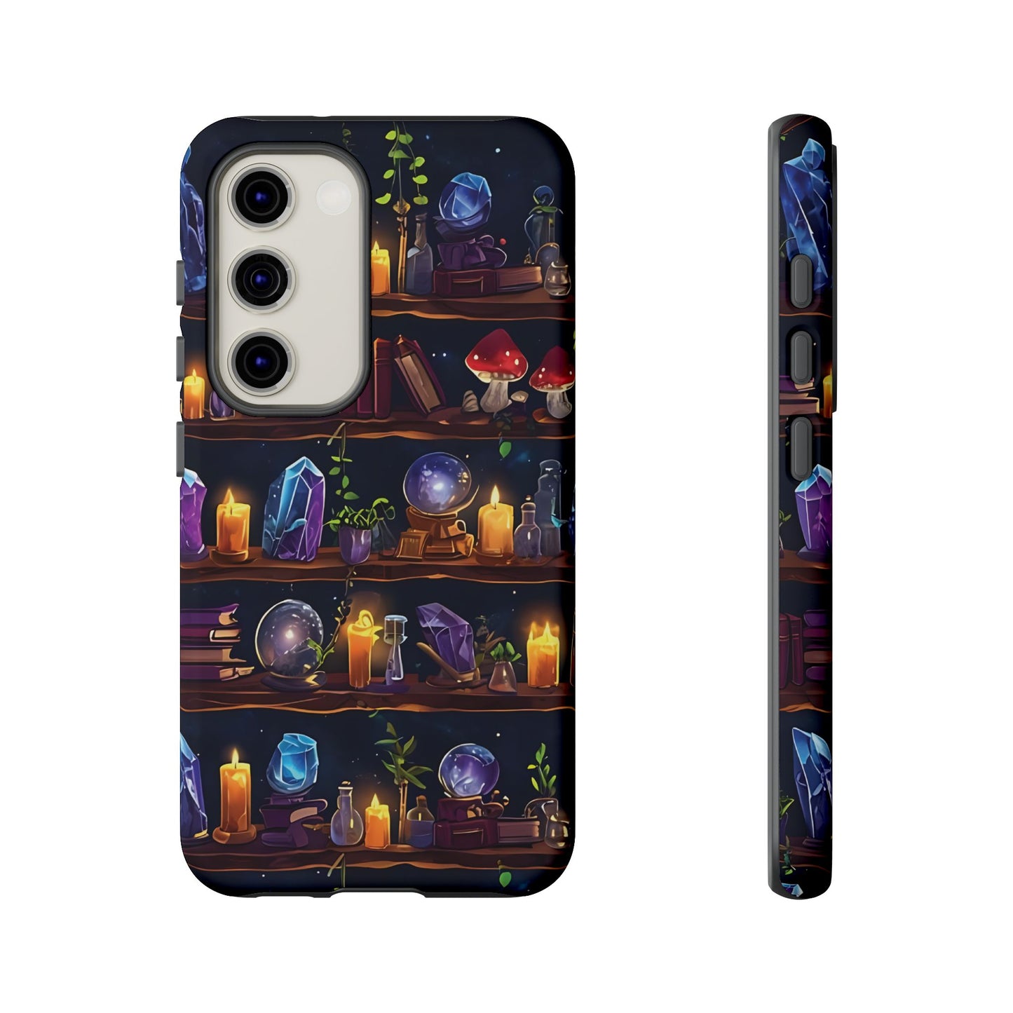 Fantasy Seamless Pattern Of Wooden Shelves Filled With Mystical Items phone case design.