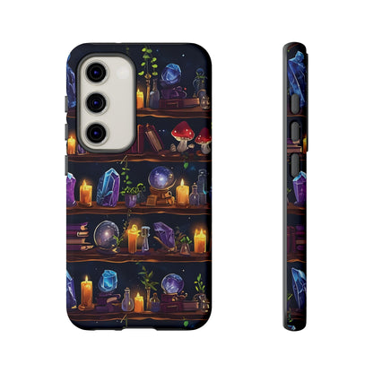 Fantasy Seamless Pattern Of Wooden Shelves Filled With Mystical Items phone case design.