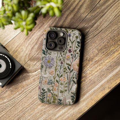Intricate Embroidery Artwork Featuring Botanical Elements On Beige phone case design.