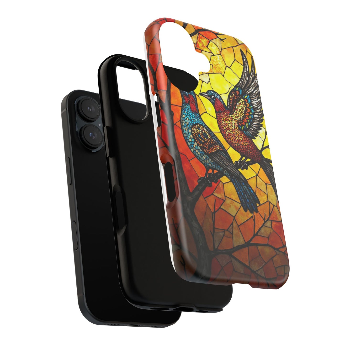 Vibrant Hummingbirds with Stained Glass Charm