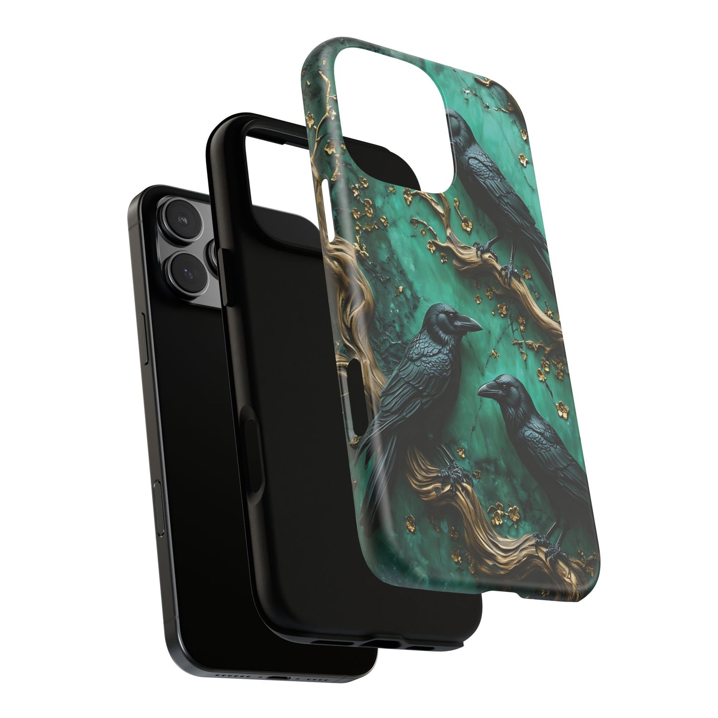Three Black Ravens Perched On Gold-Accent Branches phone case design