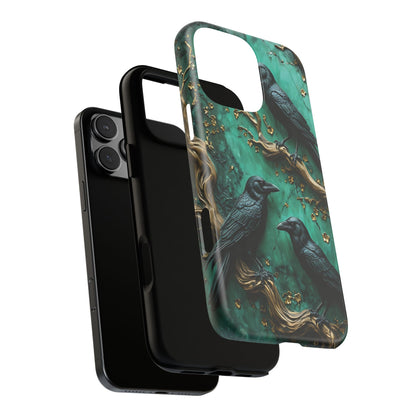 Three Black Ravens Perched On Gold-Accent Branches phone case design