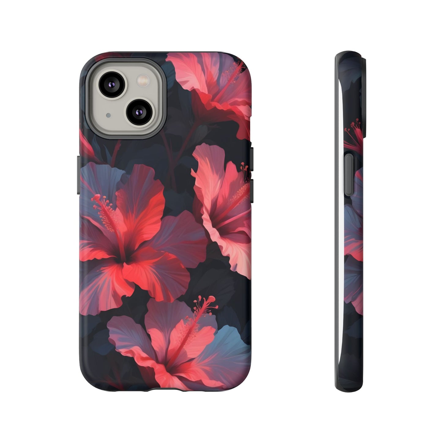 Vibrant red and pink hibiscus flowers blooming against a dark background| Floral phone case design