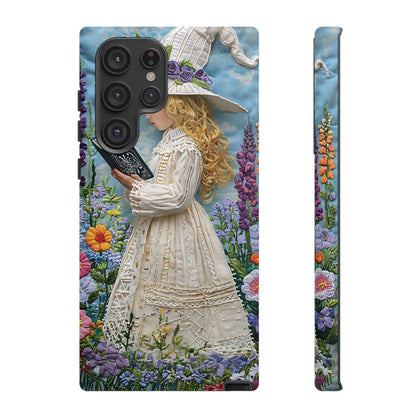 Whimsical Embroidery Of A Girl Reading In A Garden phone case design.