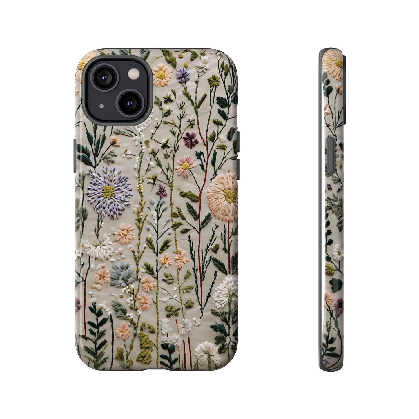 Intricate Embroidery Artwork Featuring Botanical Elements On Beige phone case design.