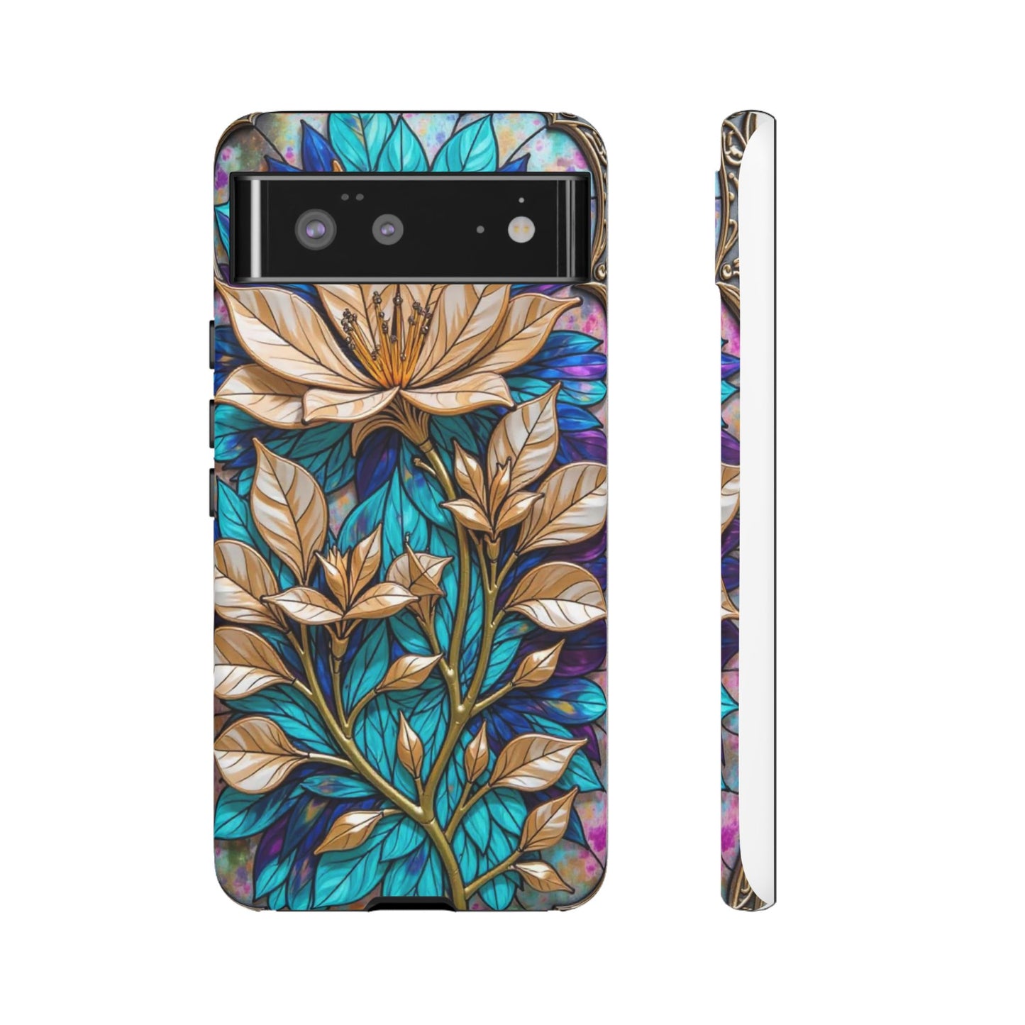 Majestic Golden Blossoms on Mosaic Blue Splendor