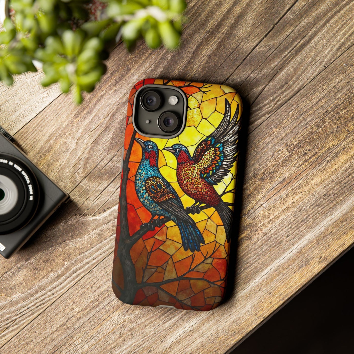 Vibrant Hummingbirds with Stained Glass Charm