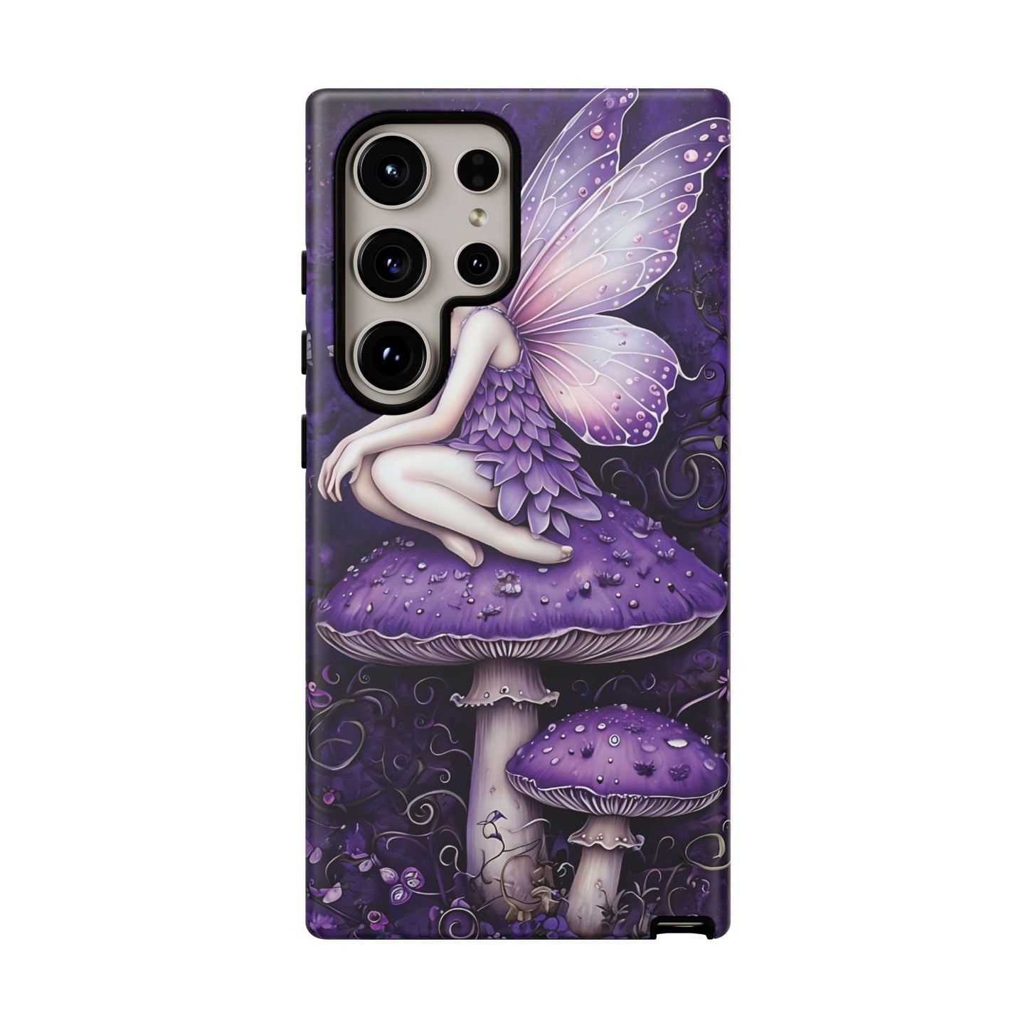 Whimsical Fairy Seated On Purple Mushroom In Enchanting Scene phone case design.