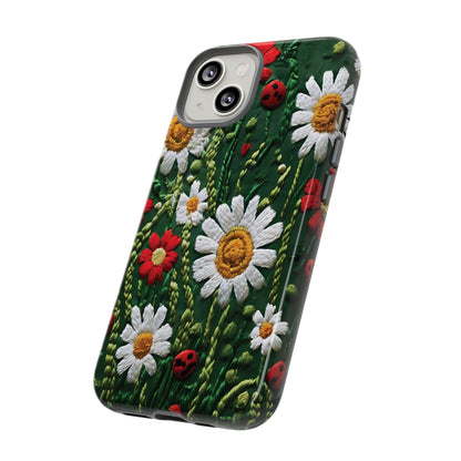 Intricate Embroidered Fabric Featuring Daisies And Ladybugs phone case design