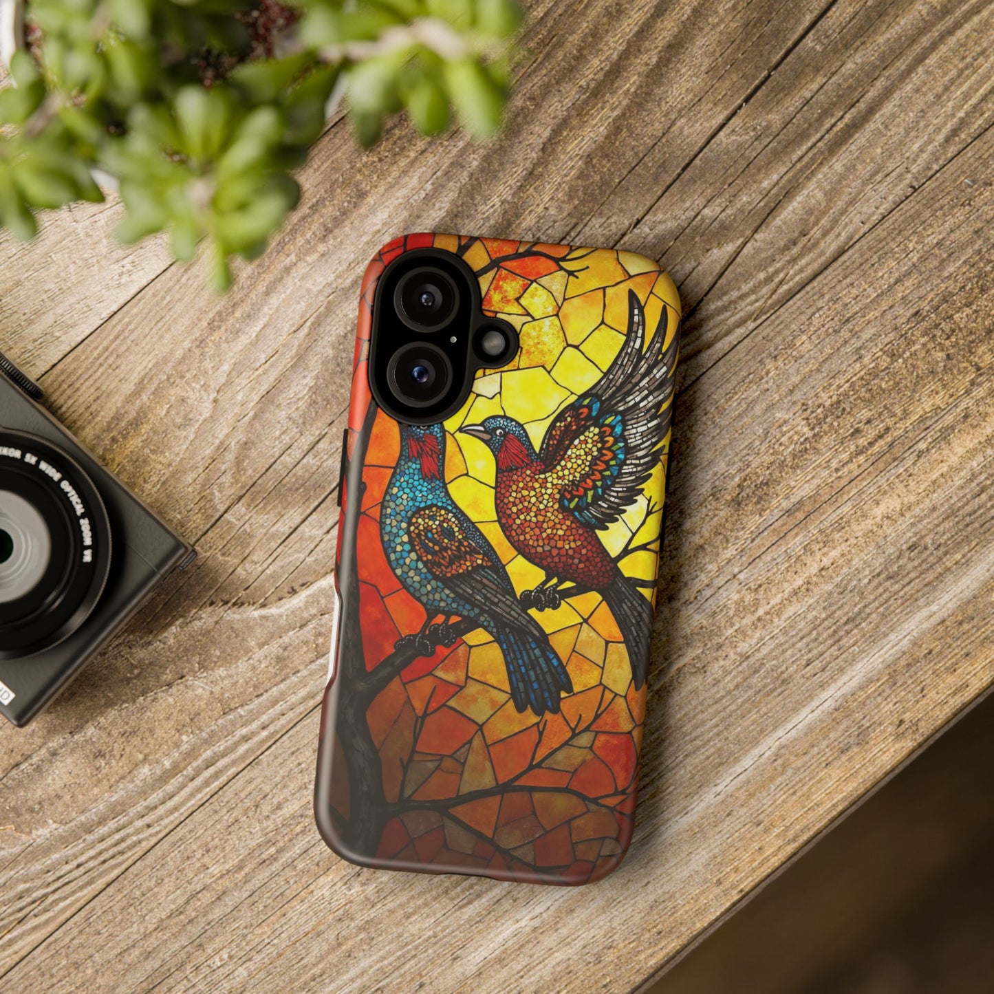 Vibrant Hummingbirds with Stained Glass Charm