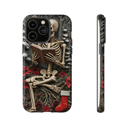 Surreal Relief Sculpture of Skeleton Reading Amidst Festive Decor phone case design