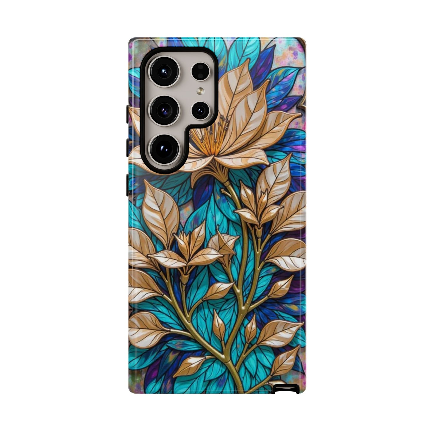Majestic Golden Blossoms on Mosaic Blue Splendor